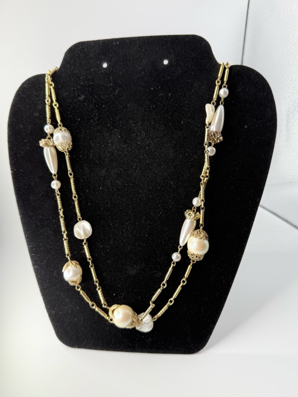 Elegant Gold-Tone Pearl Bead Double Strand Necklace